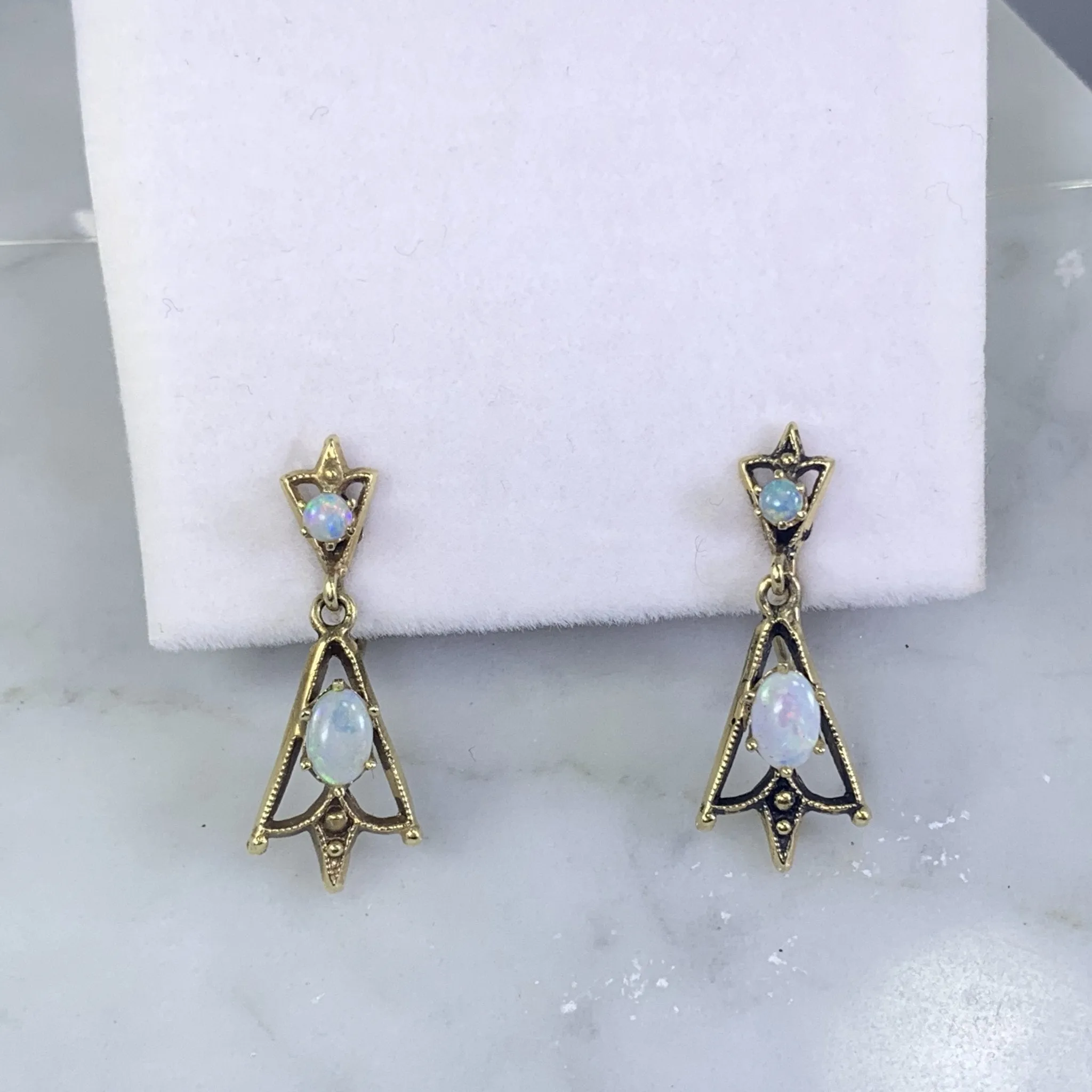 1940s Opal Drop Earrings in 14K Yellow Gold Setting. Old Hollywood Glam! October Birthstone.