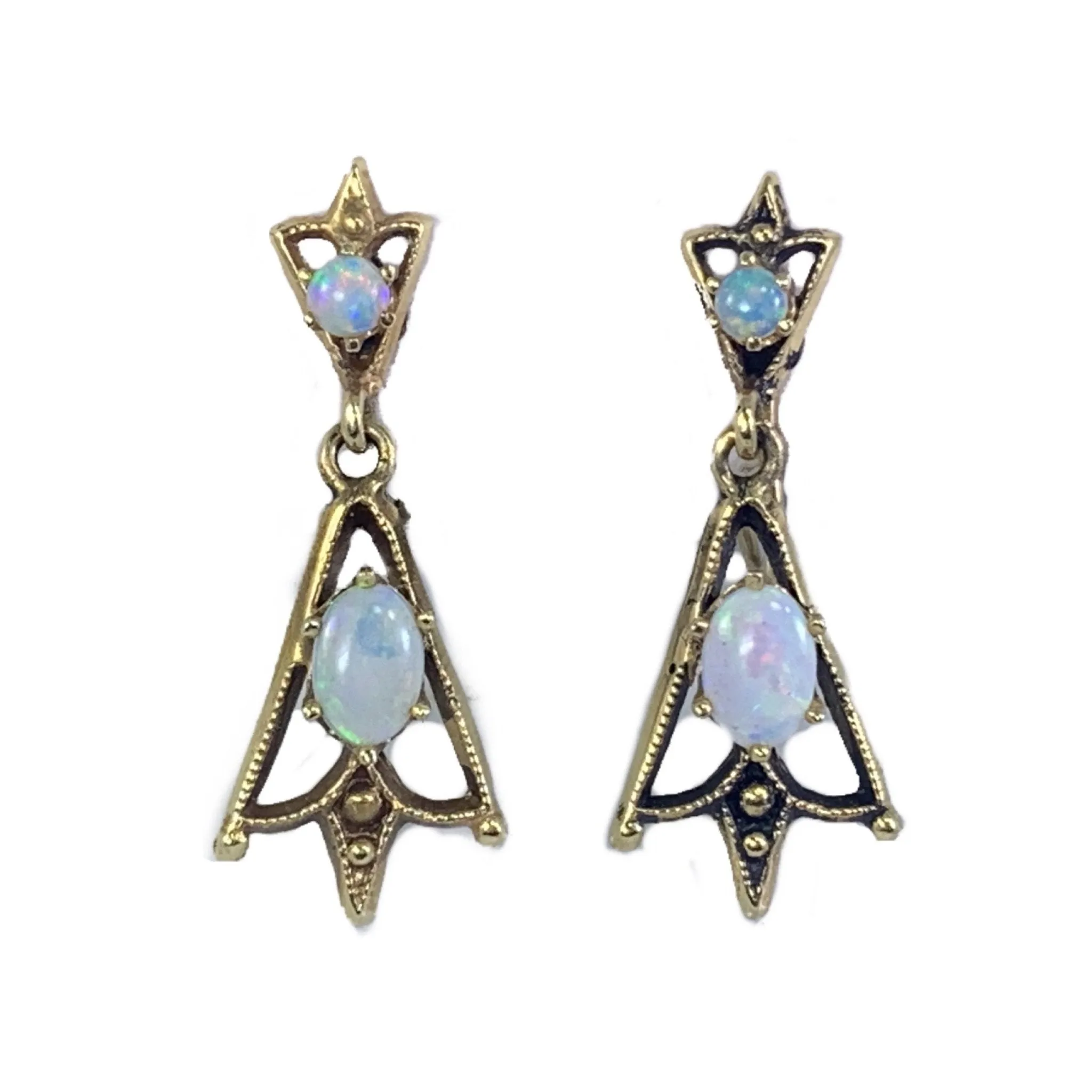 1940s Opal Drop Earrings in 14K Yellow Gold Setting. Old Hollywood Glam! October Birthstone.