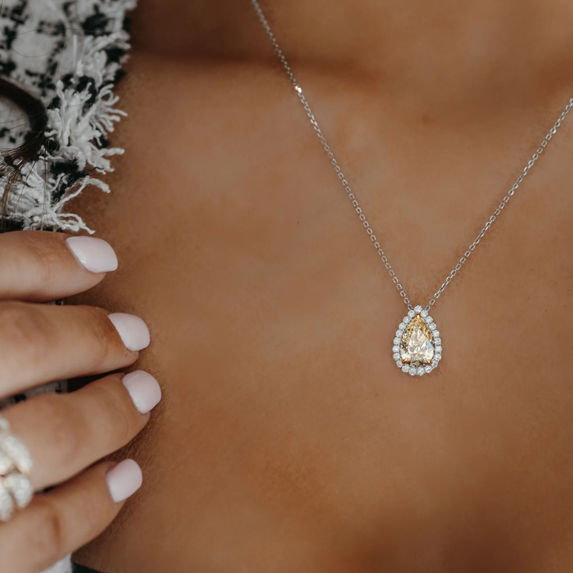 2.01ct Pear Shaped Yellow Diamond Halo Necklace