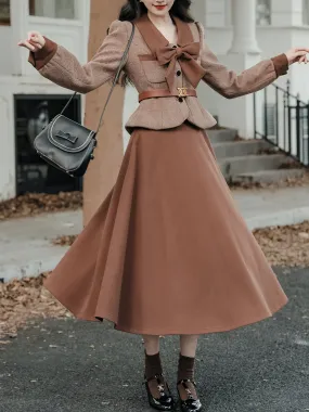 2PS Brown Bow Tweed Coat With Swing Skirt 1950S Vintage Audrey Hepburn's Style Outfits