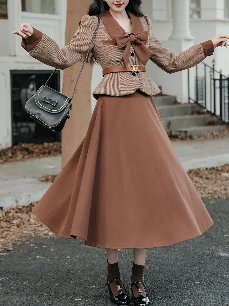 2PS Brown Bow Tweed Coat With Swing Skirt 1950S Vintage Audrey Hepburn's Style Outfits