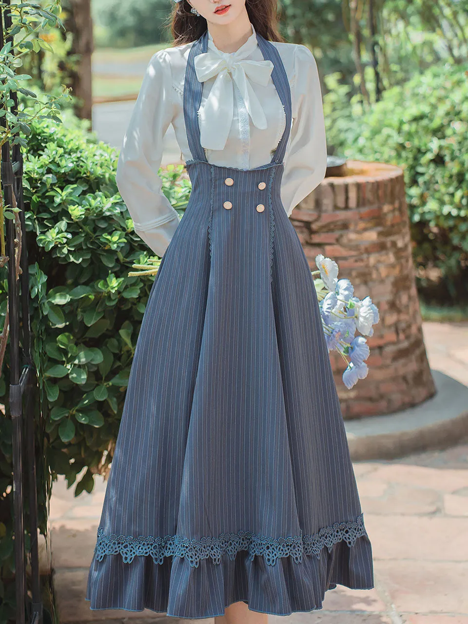 2PS White Bowknot Shirt And Blue Stripe Swing Strap Dress 1950S Dresss Set