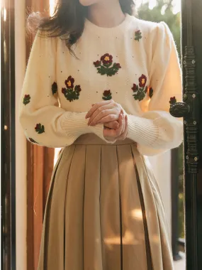 2PS White Embroidered Flower Sweater And Pleats Swing Skirt