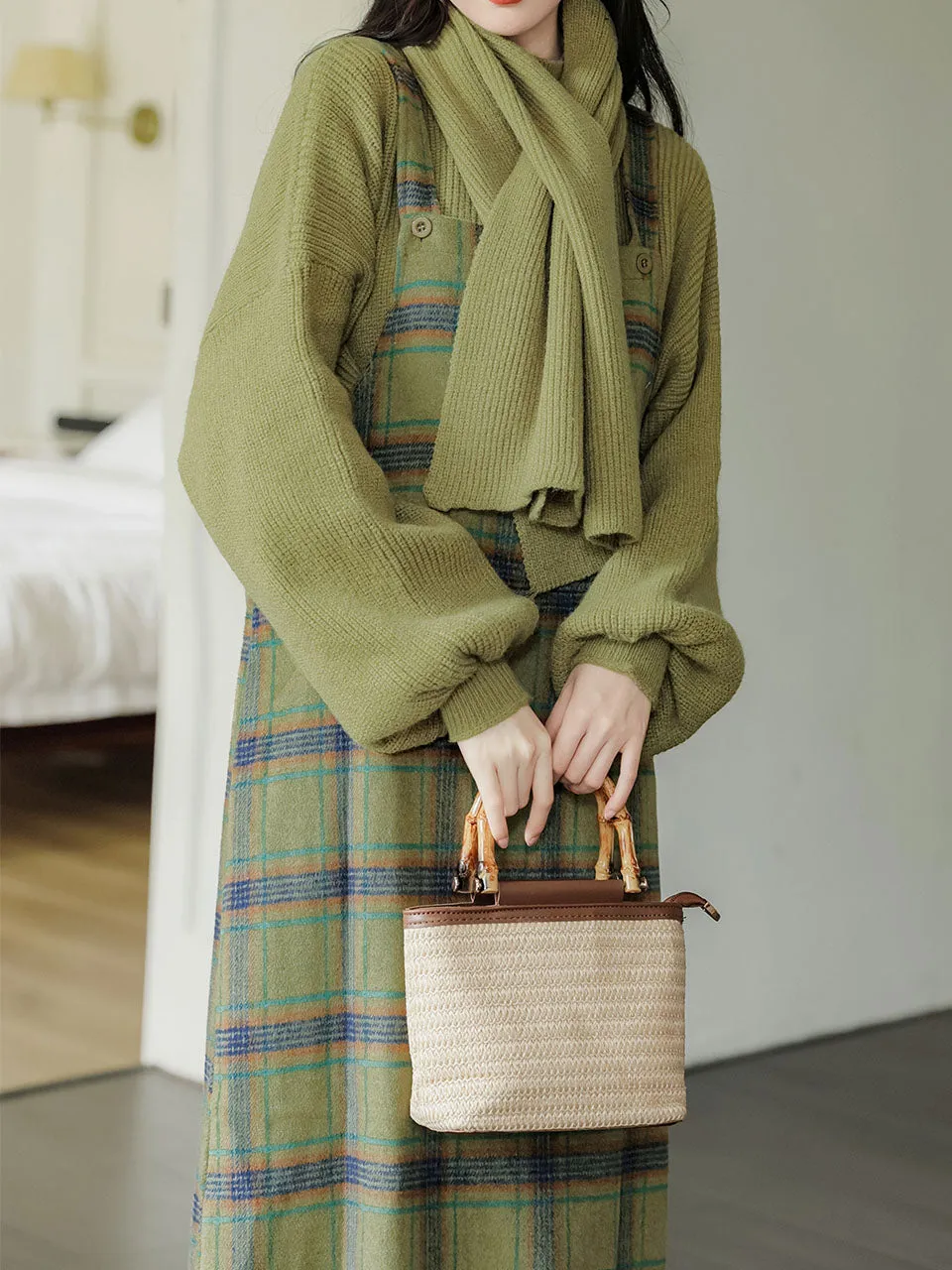 3PS Green Sweater With Plaid Suspender Corduroy Dress