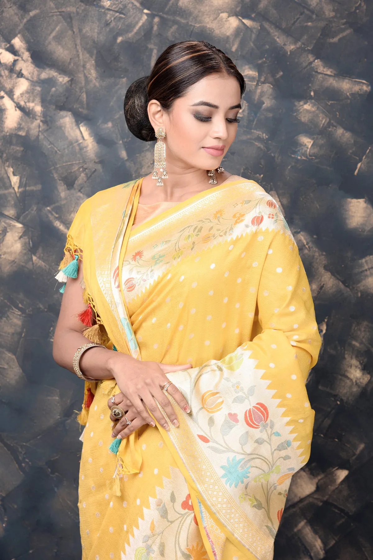 90L896-RO Yellow Georgette Tussar Paithani Silk Sari