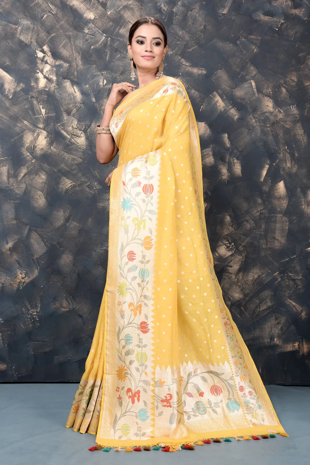 90L896-RO Yellow Georgette Tussar Paithani Silk Sari