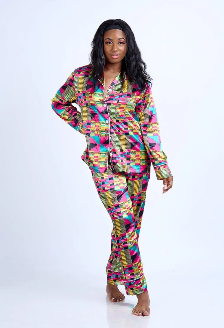 African Kente Print Satin Long Sleeve Pajama Set