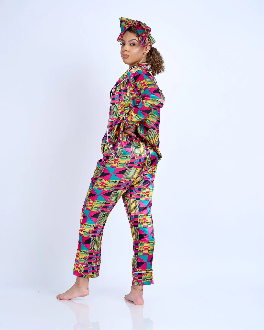 African Kente Print Satin Long Sleeve Pajama Set