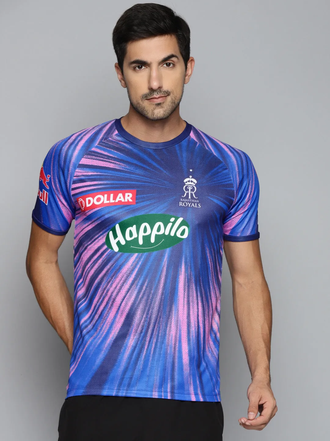 ALCIS Men Blue & Pink Rajasthan Royals Brand Logo Printed Slim Fit Running T-shirt