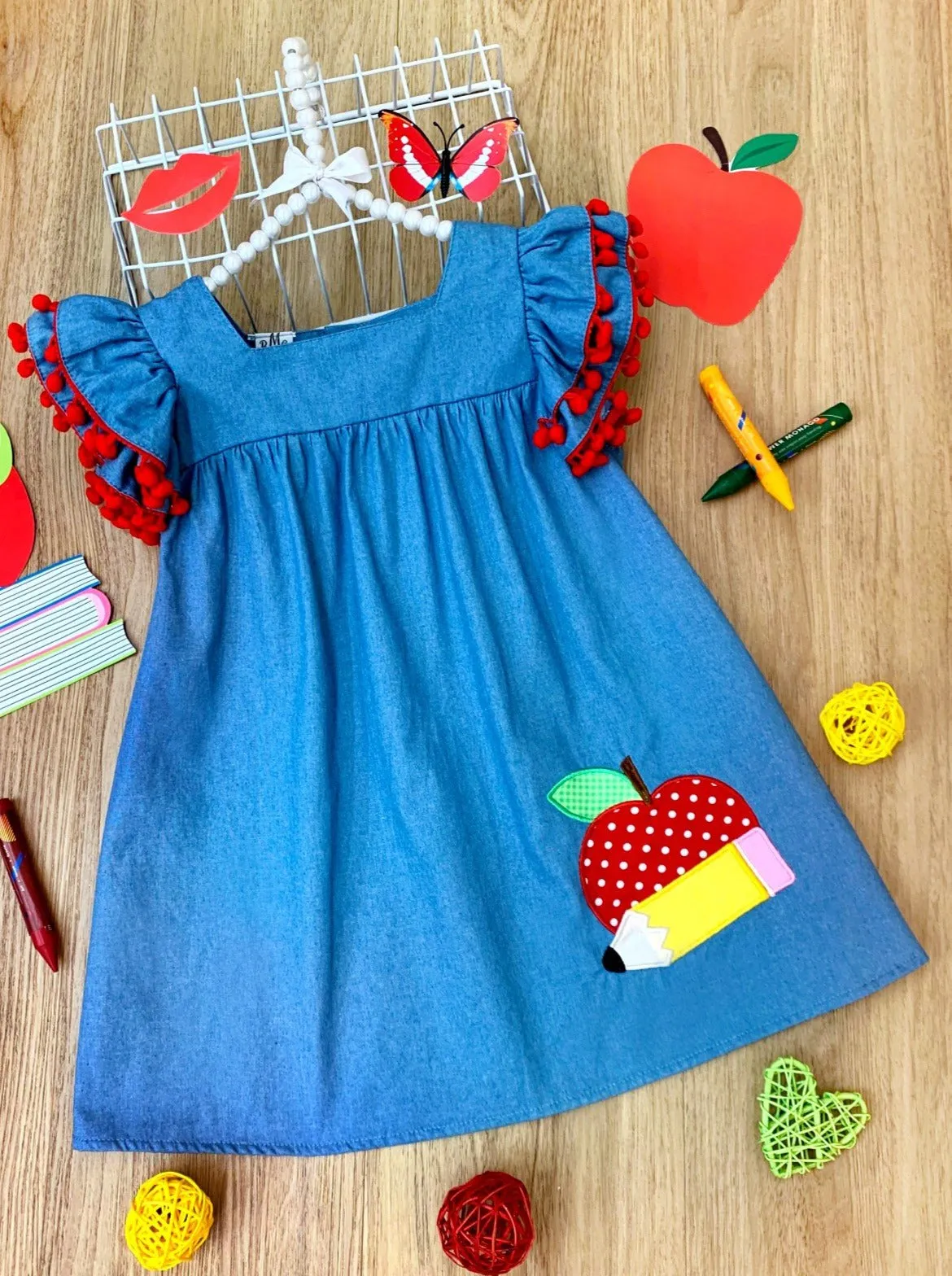 An Apple A Day Pom Pom Chambray Dress