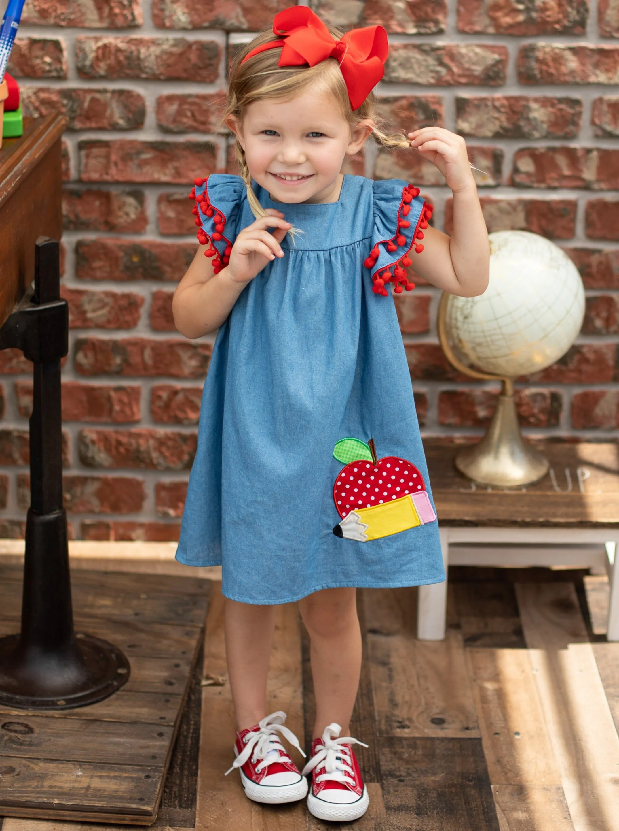 An Apple A Day Pom Pom Chambray Dress