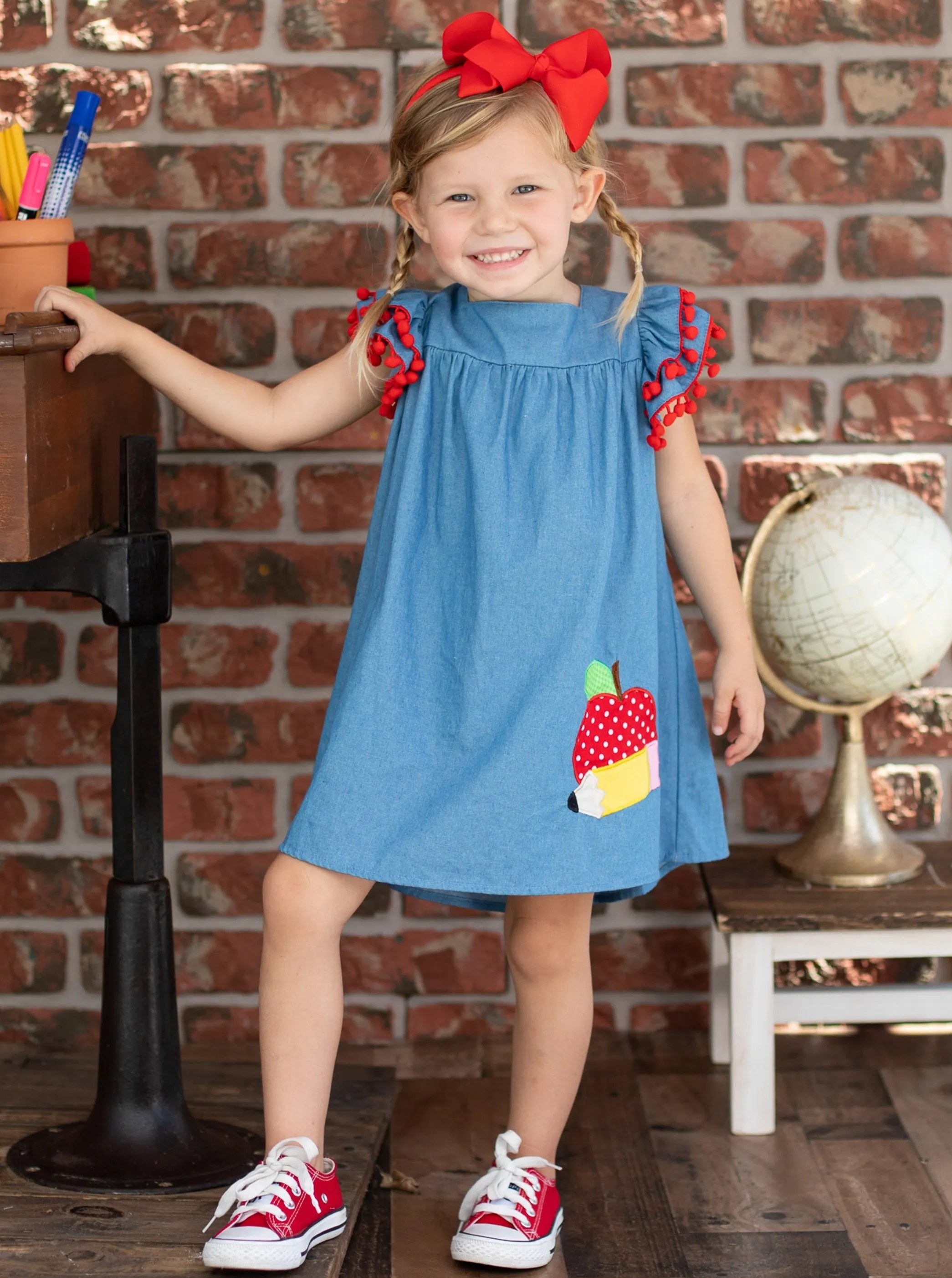 An Apple A Day Pom Pom Chambray Dress