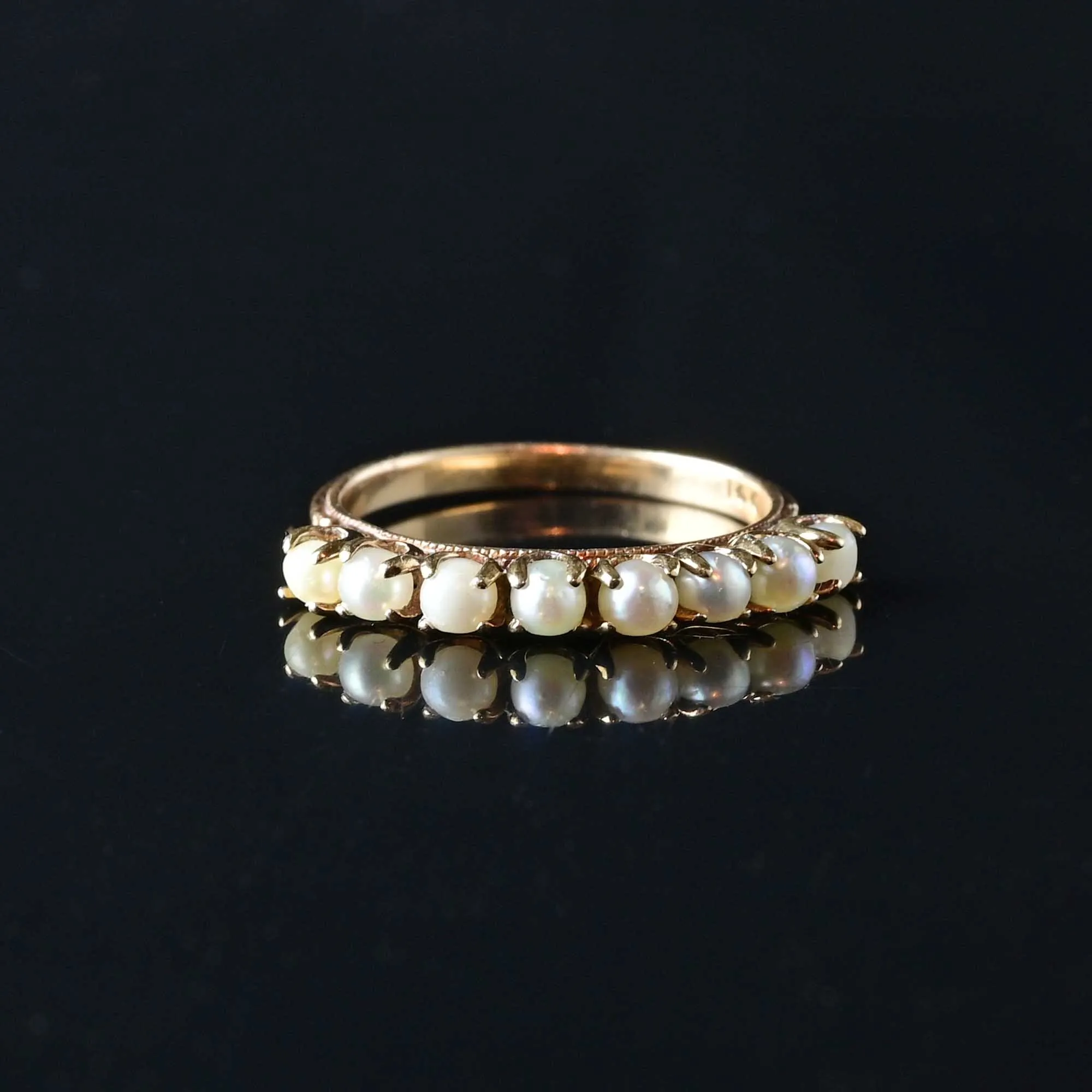 Antique 14K Gold Pearl Half Hoop Ring w Floral Detail