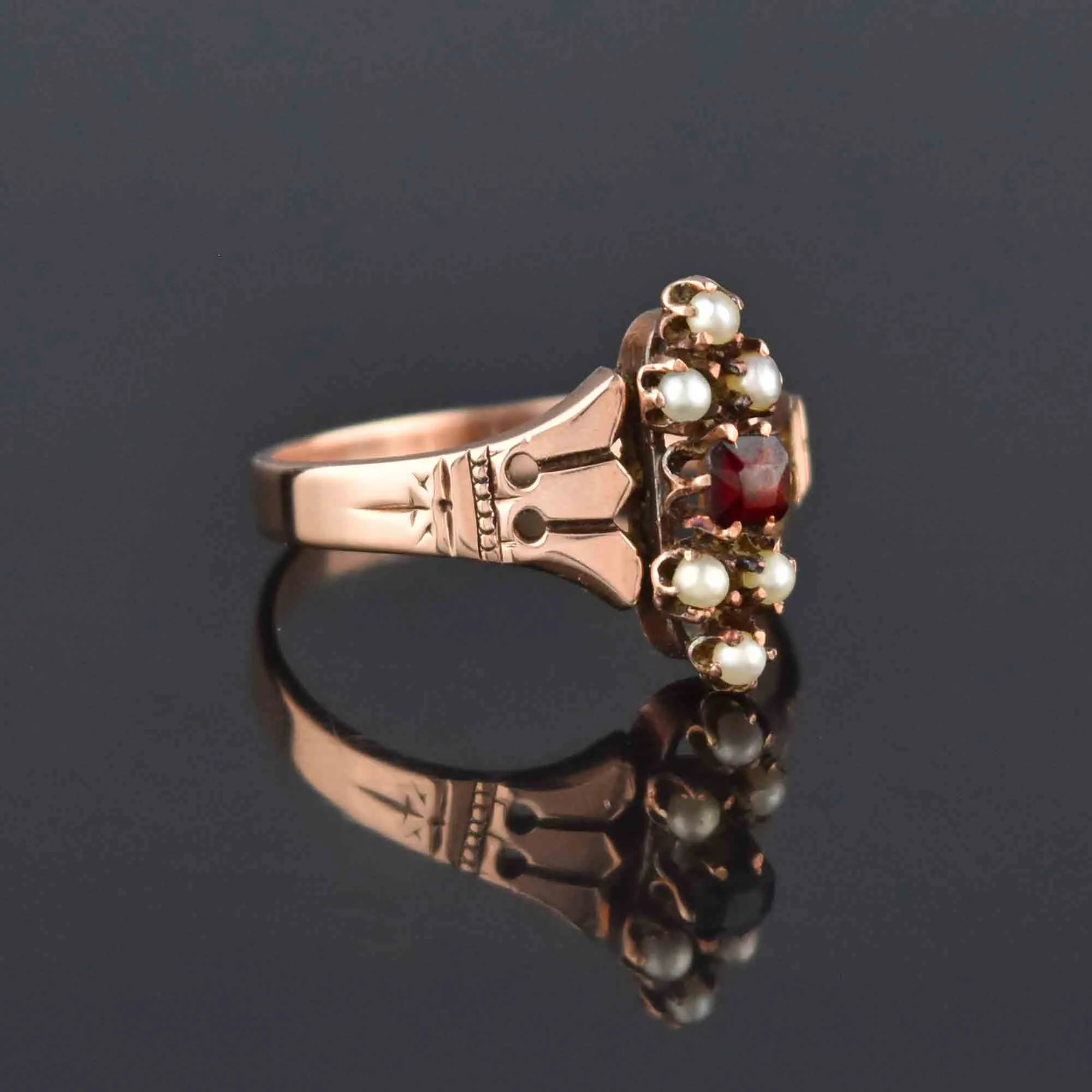 Antique Victorian Rose Gold Pearl Garnet Ring, Sz 6