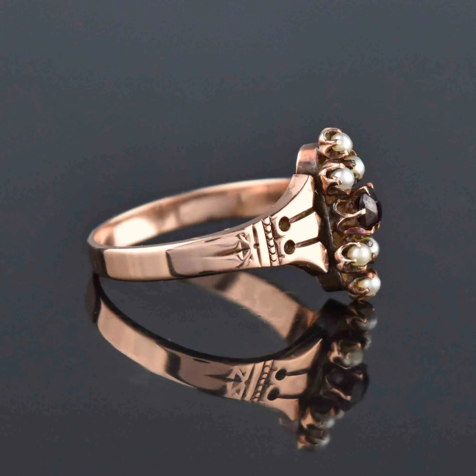 Antique Victorian Rose Gold Pearl Garnet Ring, Sz 6