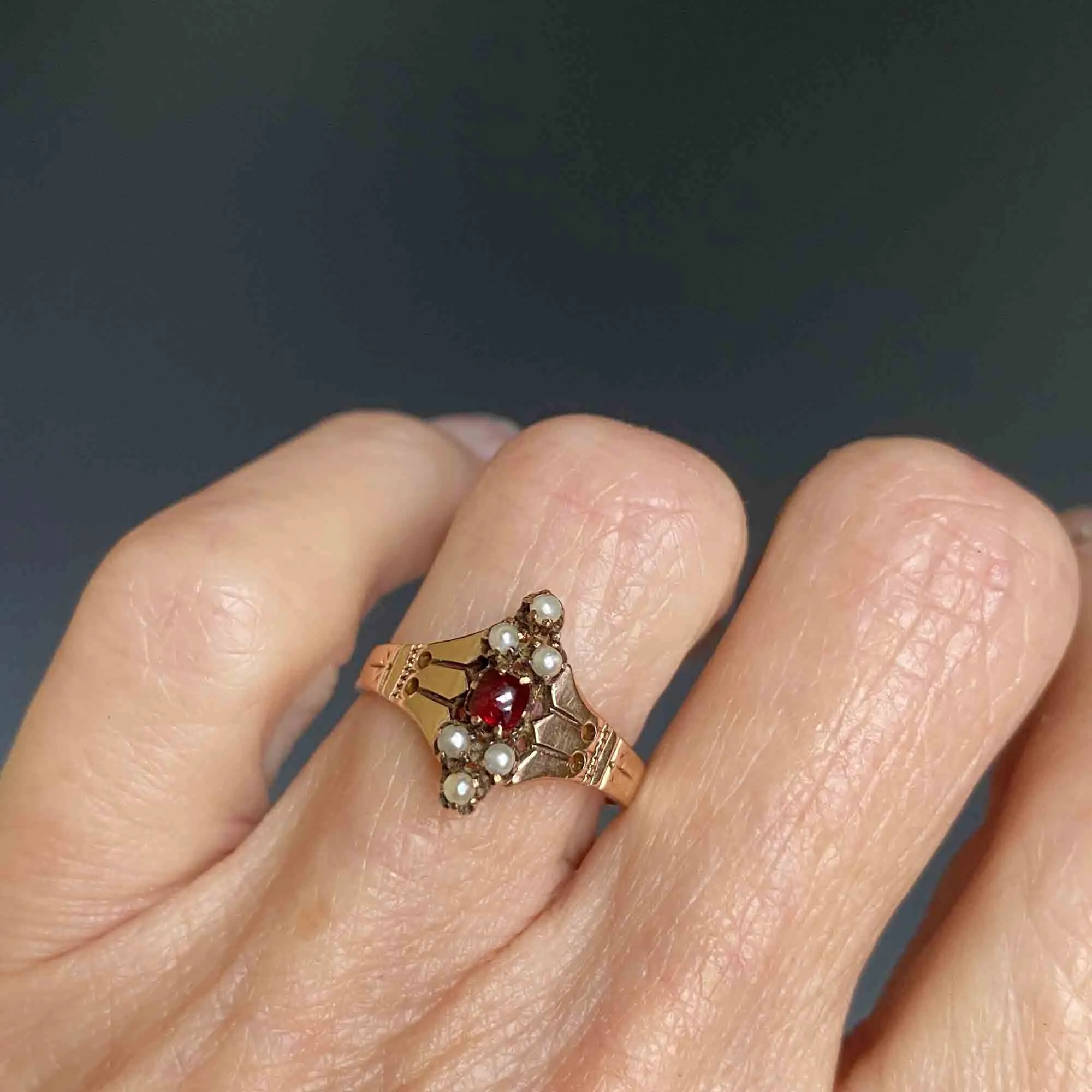 Antique Victorian Rose Gold Pearl Garnet Ring, Sz 6