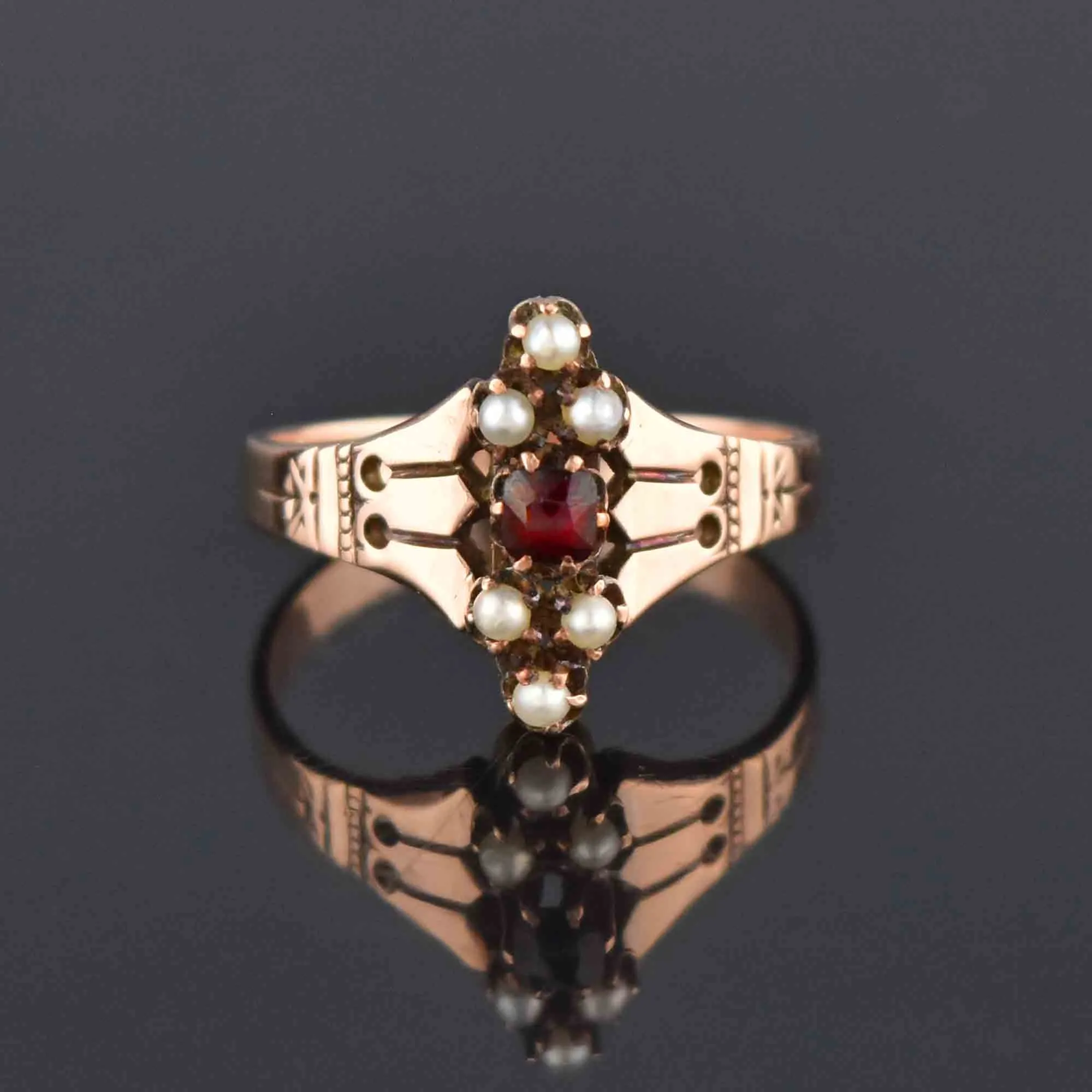 Antique Victorian Rose Gold Pearl Garnet Ring, Sz 6