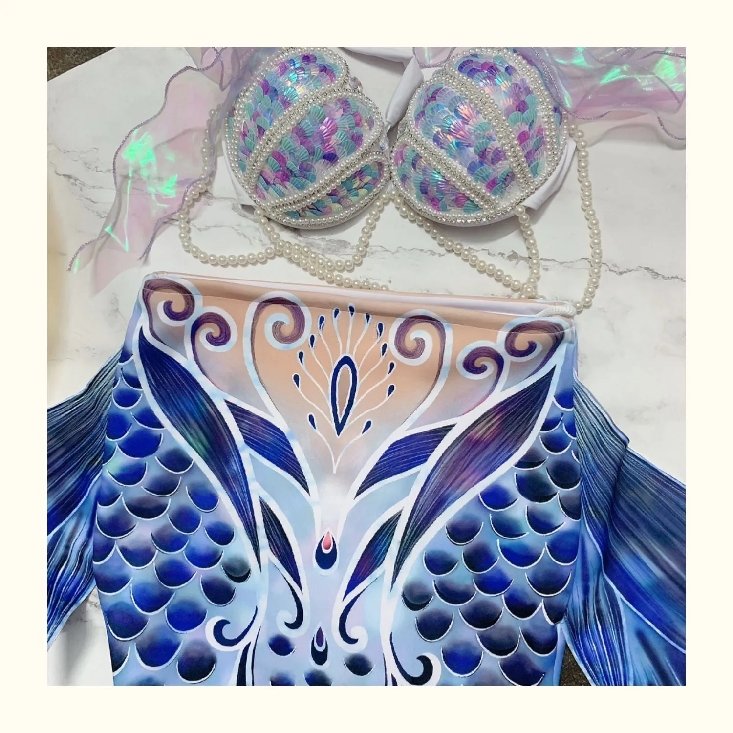 Aqua Opulence Handmade Diamond Pearl Mermaid Bikini Set