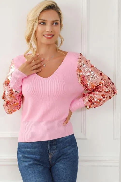 Audrey Sequin Long Sleeve V-Neck Sweater