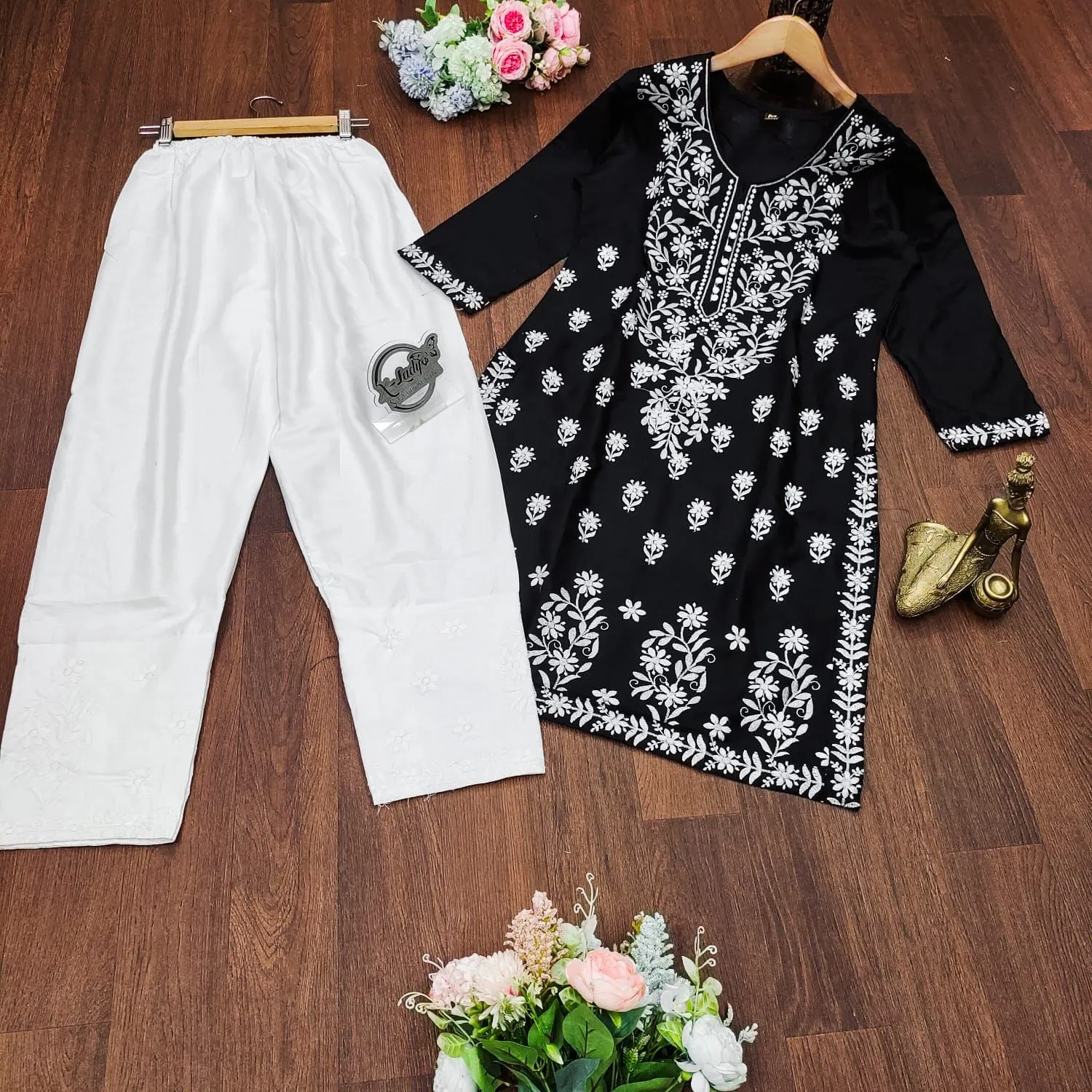 Beautiful Women Black Chikankari Top Kurta with Pant