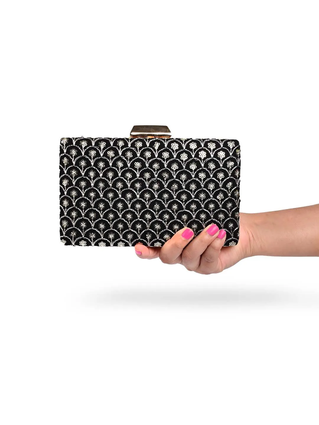 Black Sequin Embroidered Clutch Bag