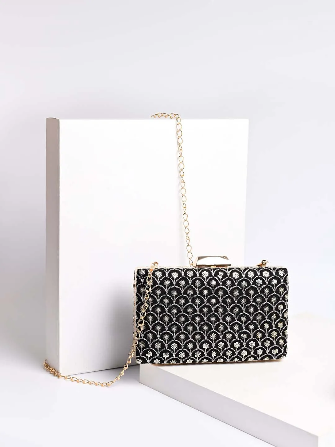 Black Sequin Embroidered Clutch Bag