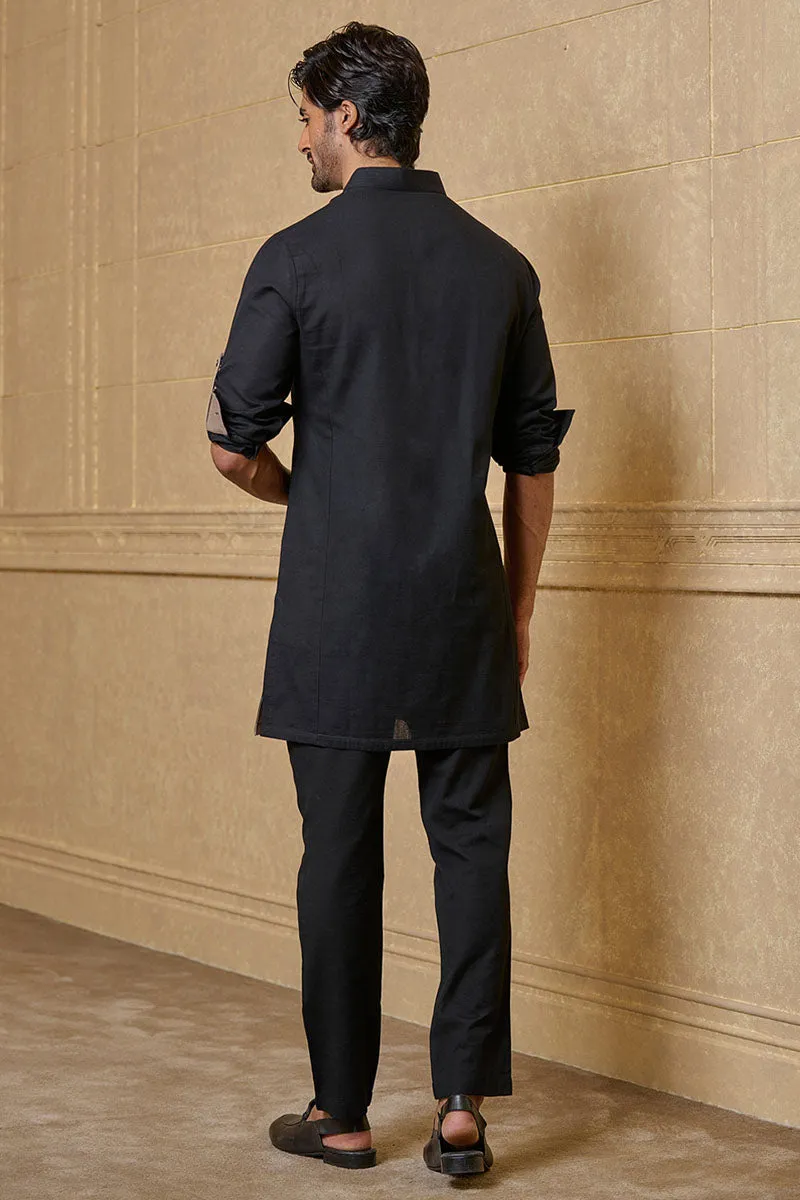 Black Shirt Style Kurta Set With Pocket Detail