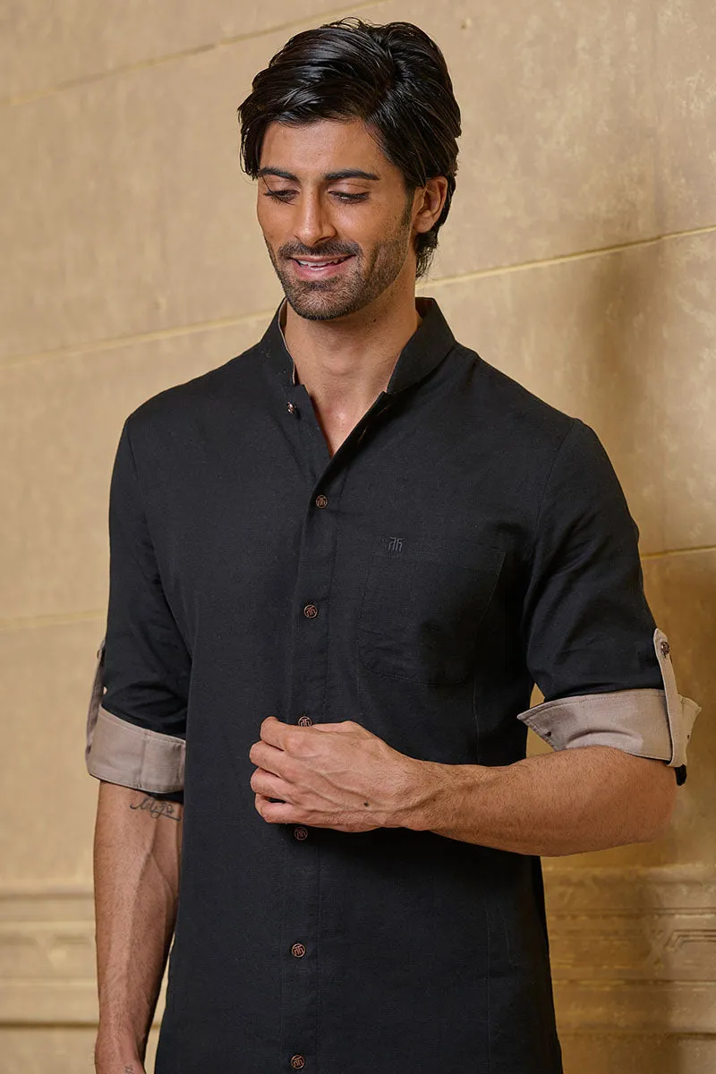 Black Shirt Style Kurta Set With Pocket Detail