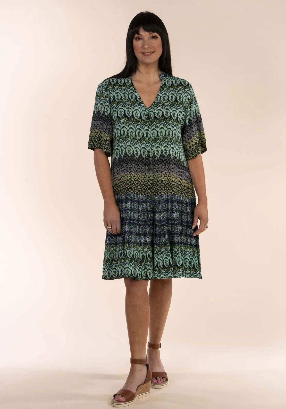 Border Print V Neck Blouse Dress - Blue