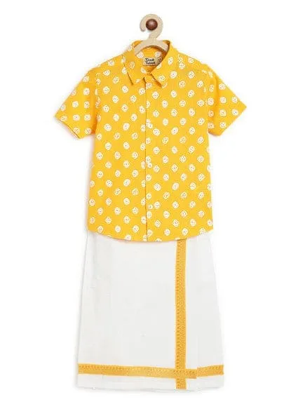 Boy Bandhani Print Cotton Mundu shirt Set - Yellow