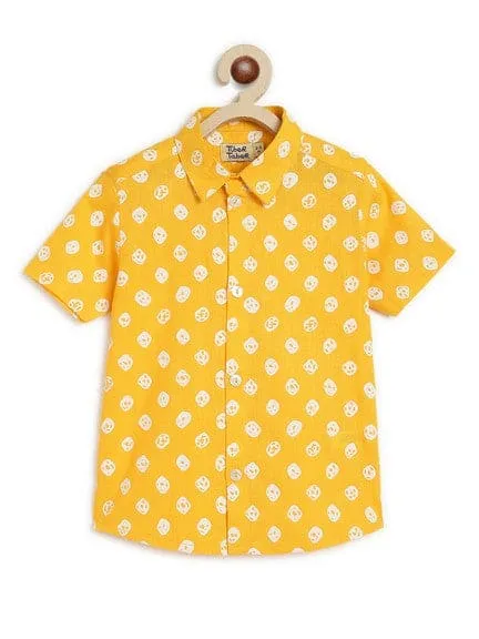 Boy Bandhani Print Cotton Mundu shirt Set - Yellow