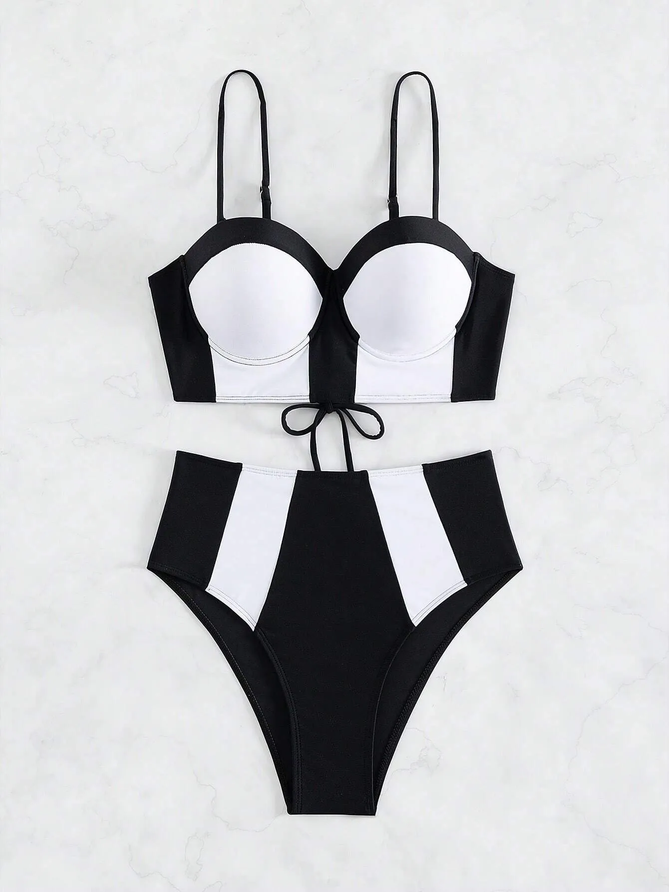 B/W Two Tone Lace Up Back Push Up Bikini Set