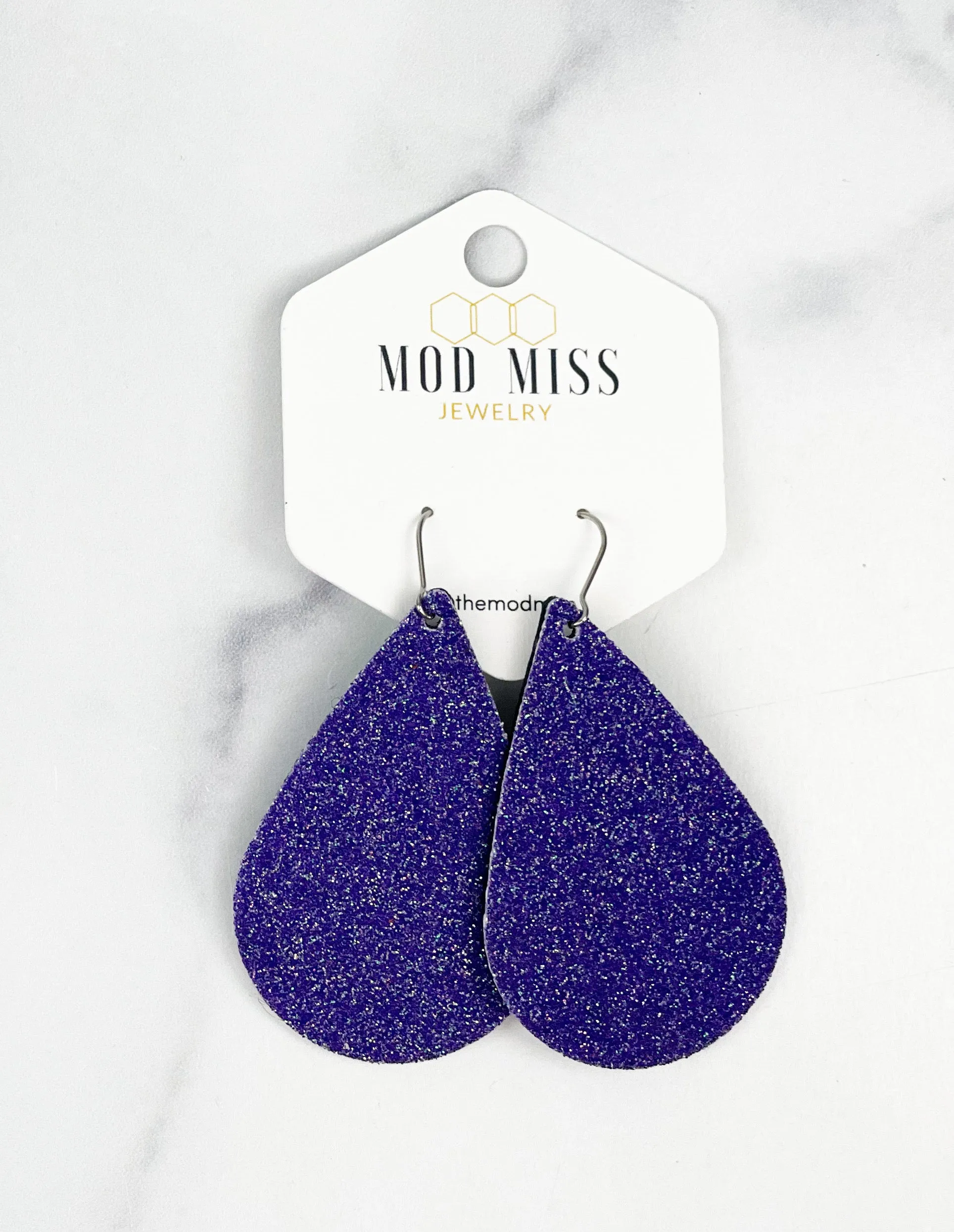 Cork Leather Teardrop Earring Fine Glitter Purple