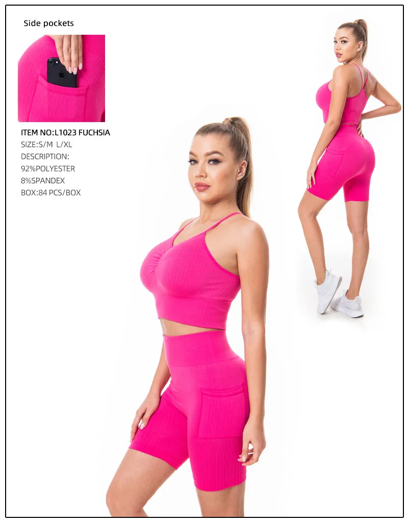 Crop Top & Yoga Pants 2 Pcs Set-Fuchsia