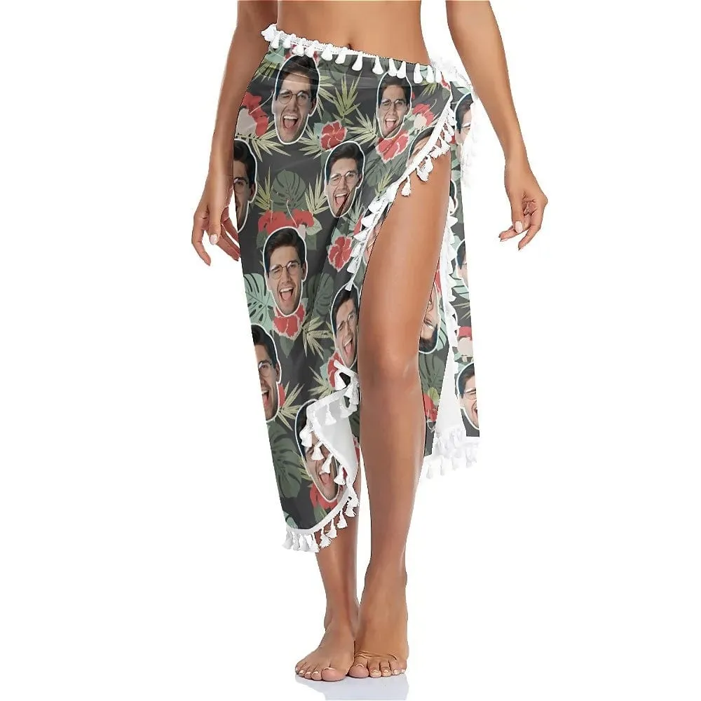 Custom Face Tropical Flowers Beach Wraps Chiffon Sarong Bikini Swimsuit Cover Ups Skirt Tassels