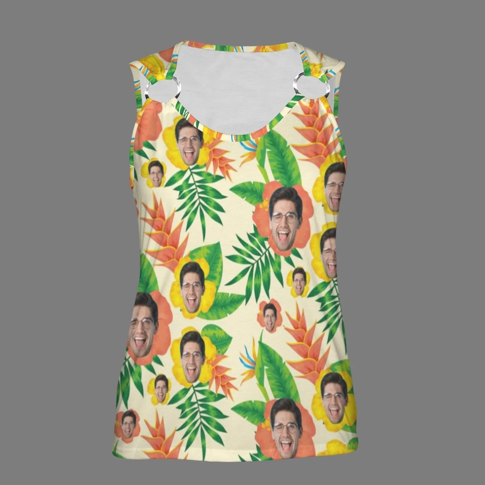 Custom Face Tropical Flowers Top Personalized Women's Sleeveless Ring Buckle Tank Tops