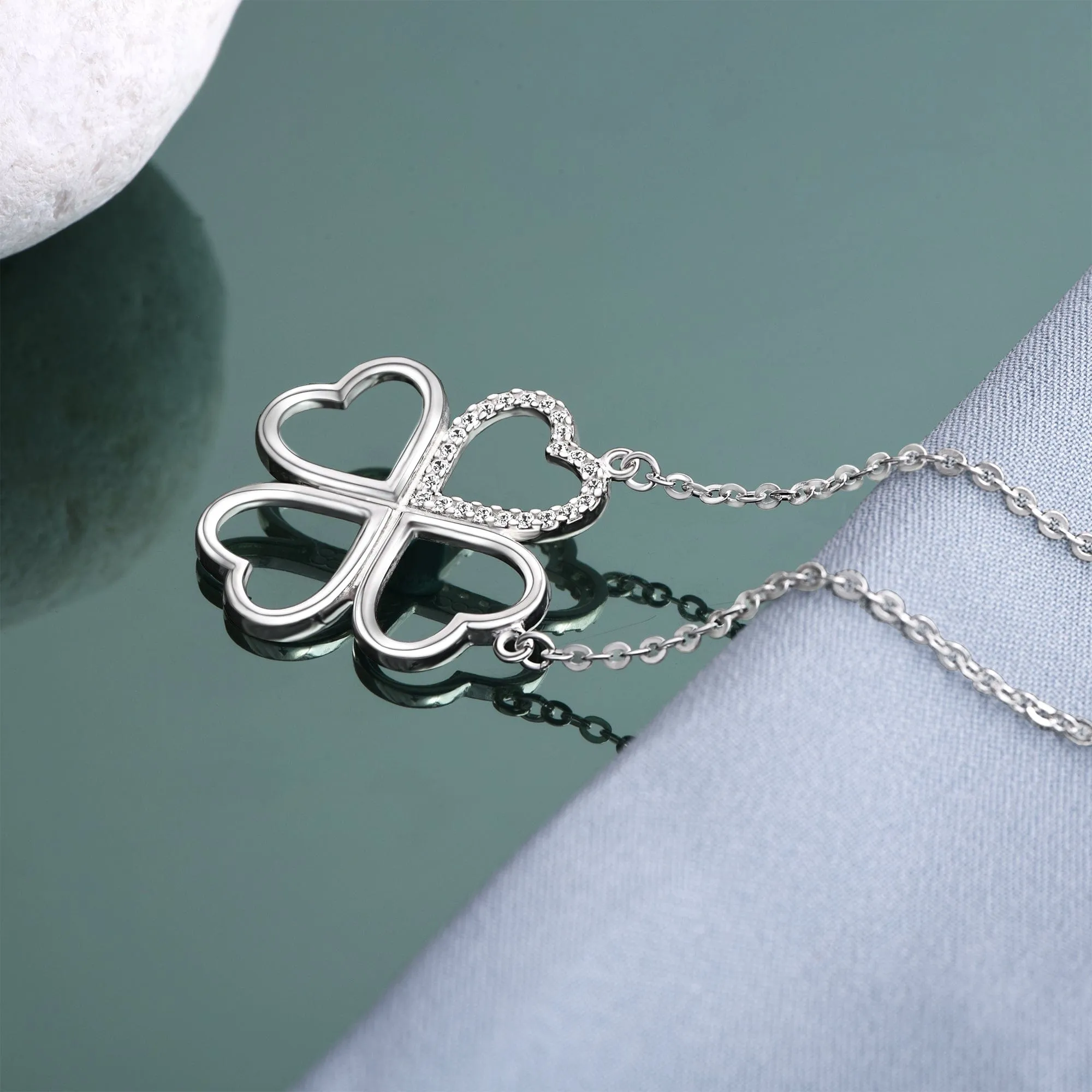 CZ Four Leaf Heart Shaped Clover Necklace Silver