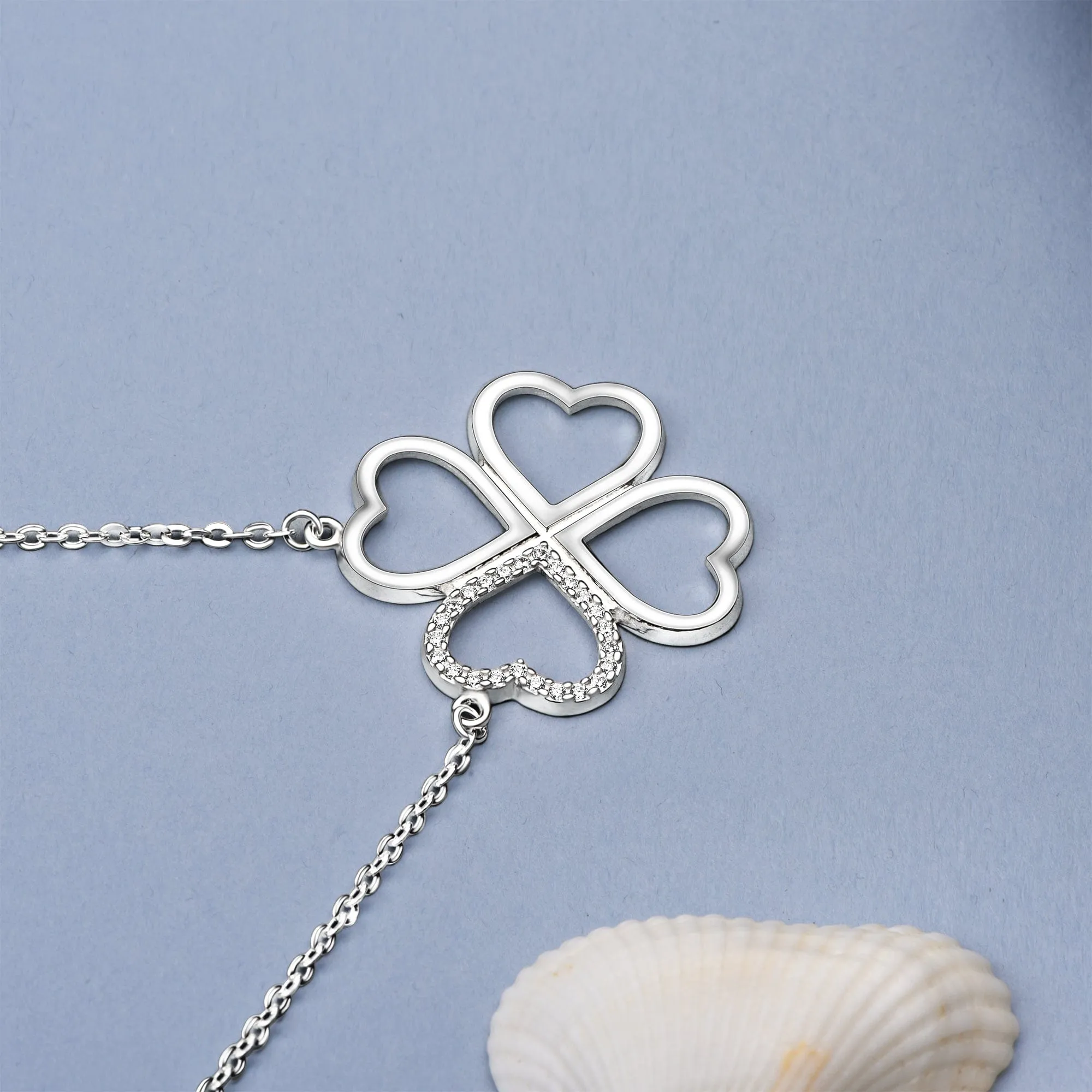 CZ Four Leaf Heart Shaped Clover Necklace Silver