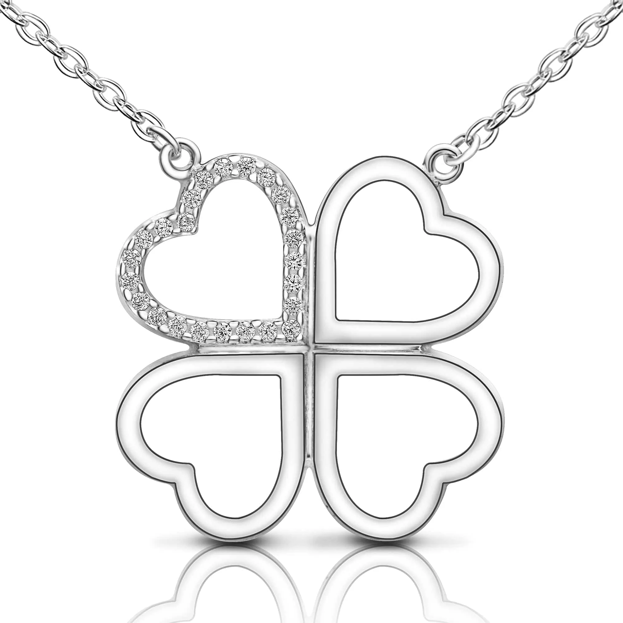 CZ Four Leaf Heart Shaped Clover Necklace Silver