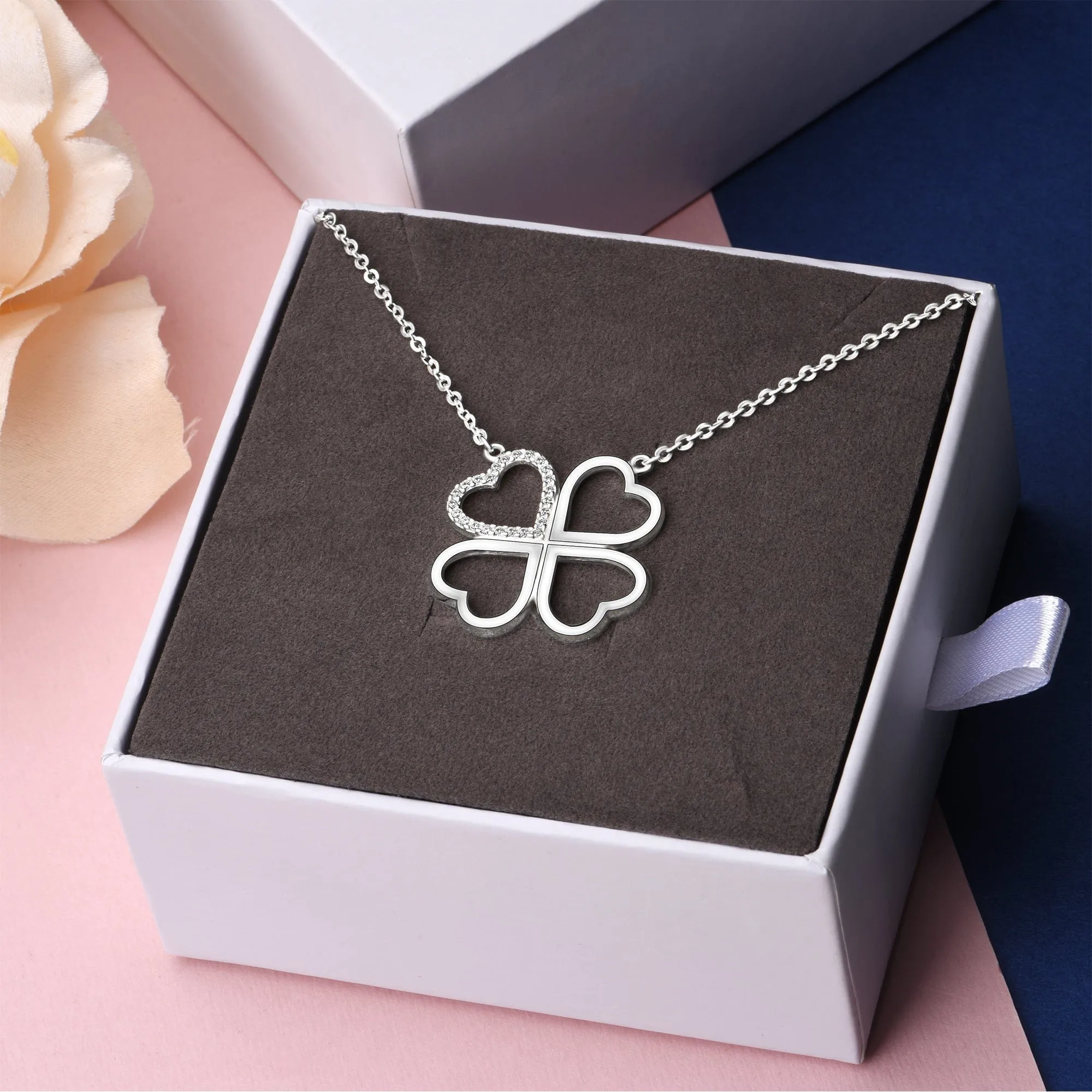 CZ Four Leaf Heart Shaped Clover Necklace Silver