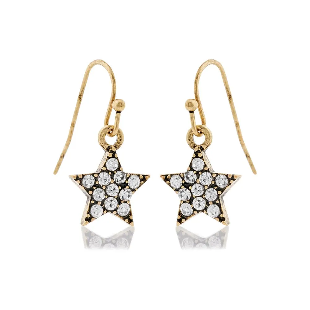 Diamante Star Crystal Star Earrings: Vintage Style Brass Start Drop Earrings