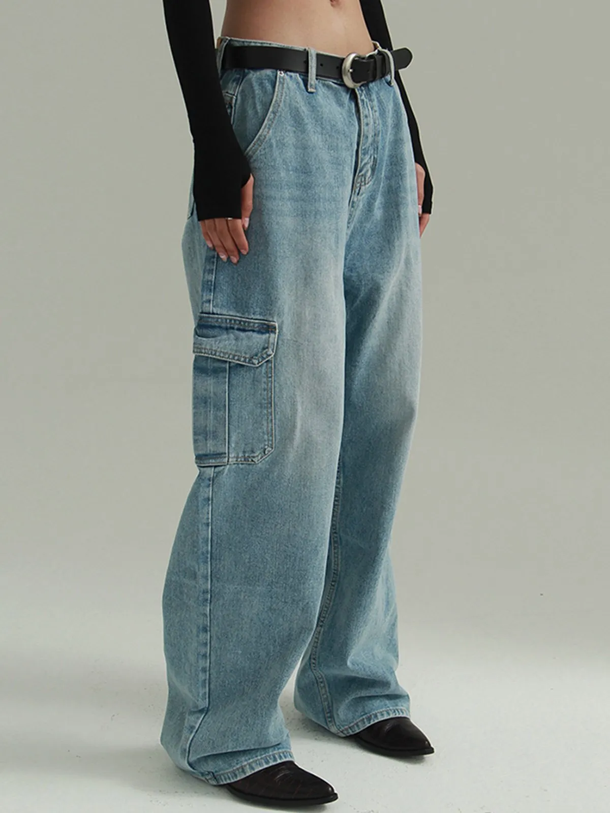 Distressed Side Panel Straight Cargo Jeans