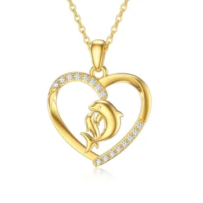 Dolphin Necklaces for women Mother Daughter Necklace 14k Solid Gold Dolphin necklace Mom Necklace Love Heart Pendant Necklace