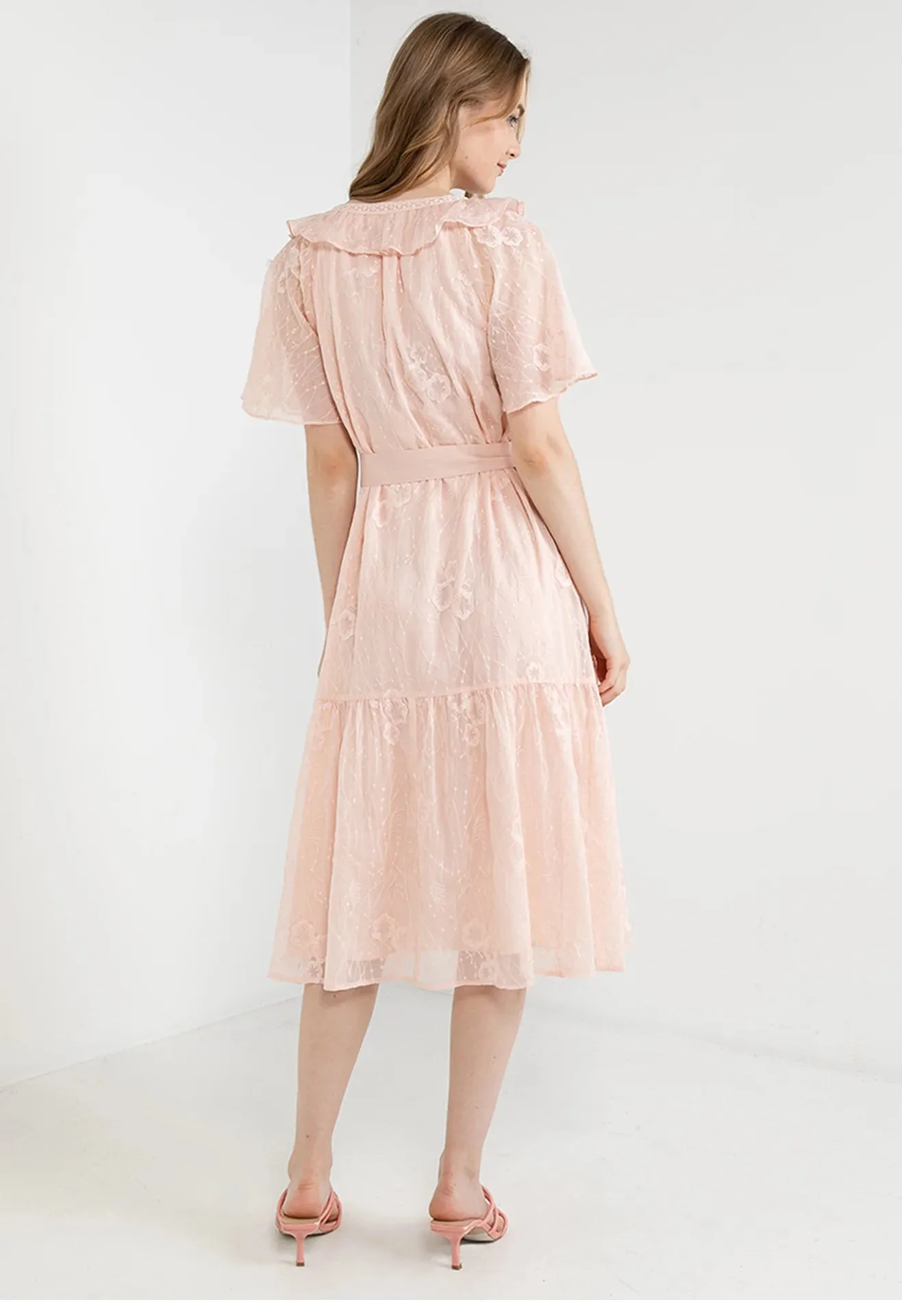 ELLE Apparel Blossom Embroidered Lace Ribbon Tie Midi Dress