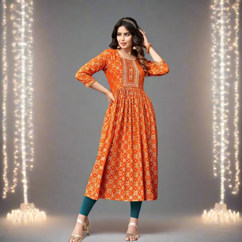 Embroidery Party Wear Women's Nyra cut Kurti Orange