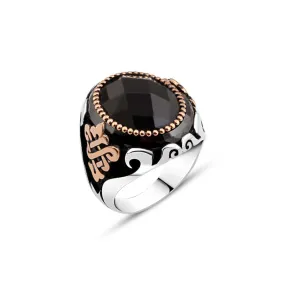 Facet Cut Black Ellipse Zircon Stone Silver Men's Ring with Triangular Braid on Sides