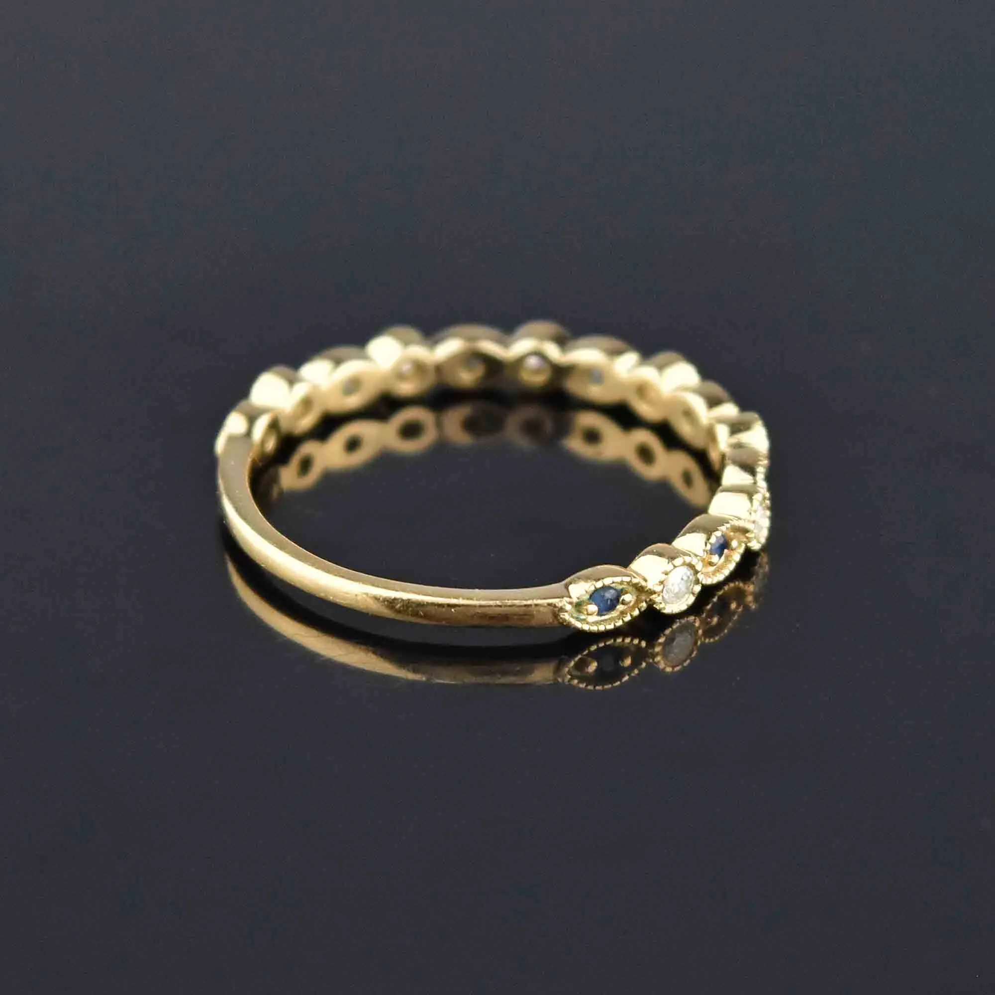 Fine 14K Gold Scalloped Diamond Sapphire Ring, 3/4 Eternity