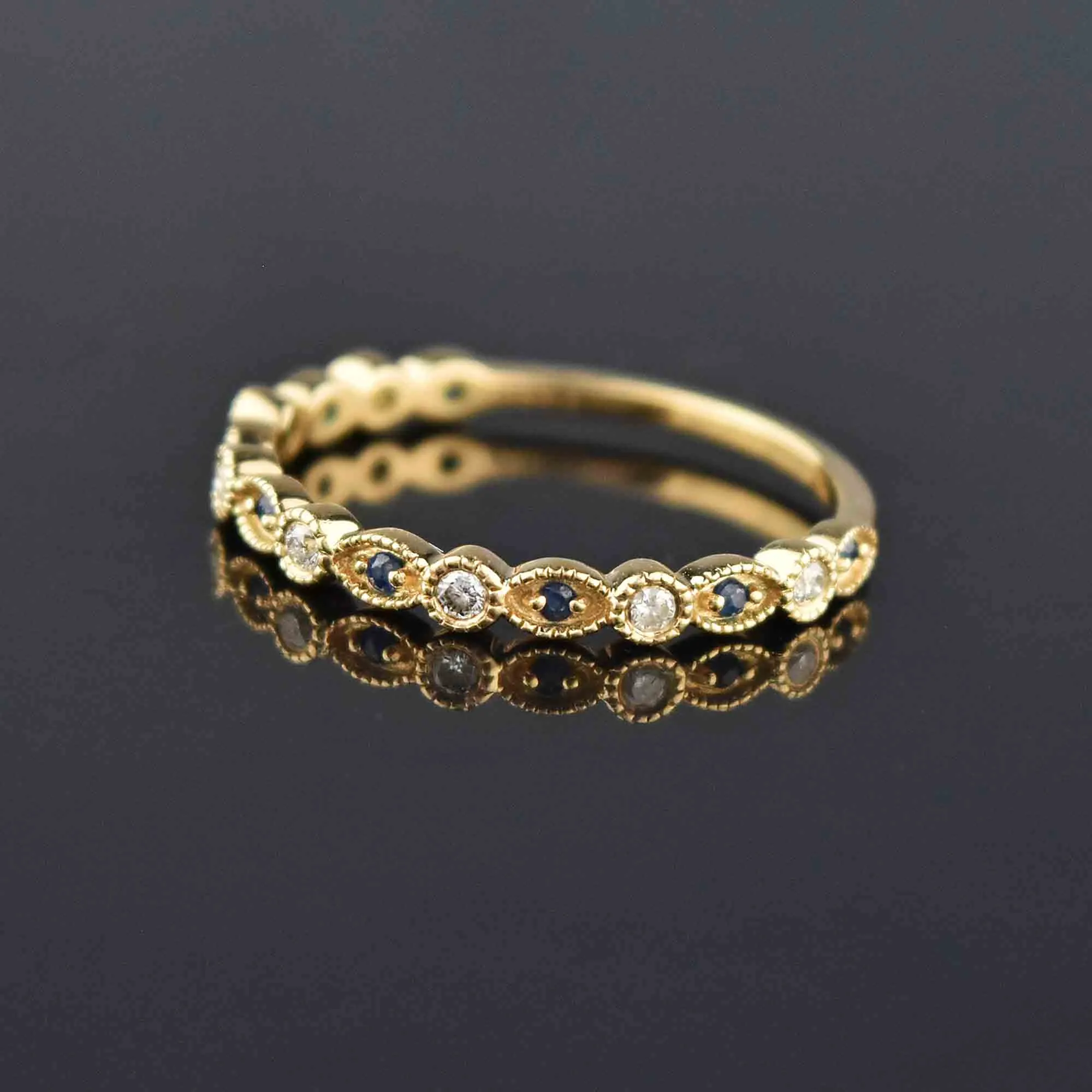 Fine 14K Gold Scalloped Diamond Sapphire Ring, 3/4 Eternity