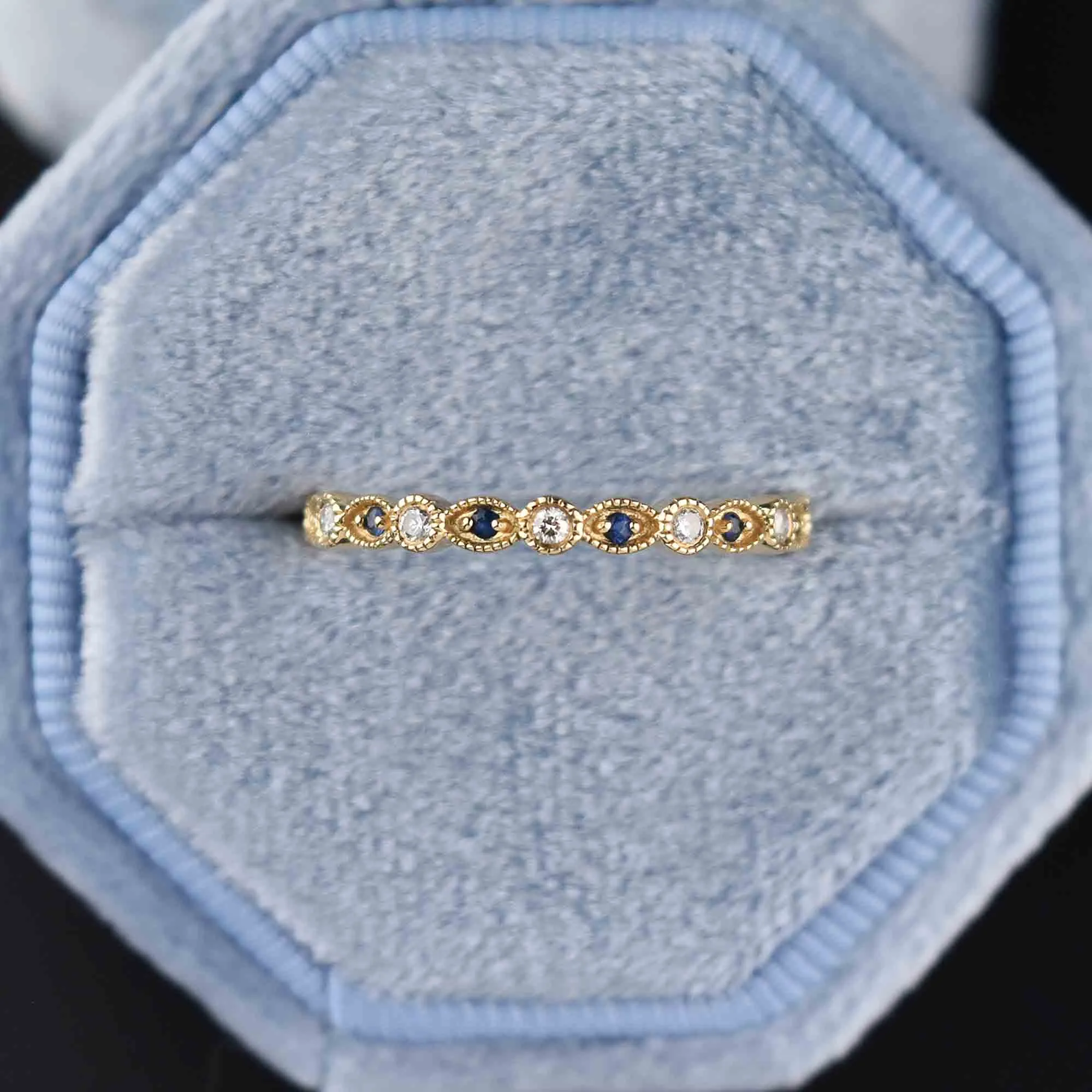 Fine 14K Gold Scalloped Diamond Sapphire Ring, 3/4 Eternity