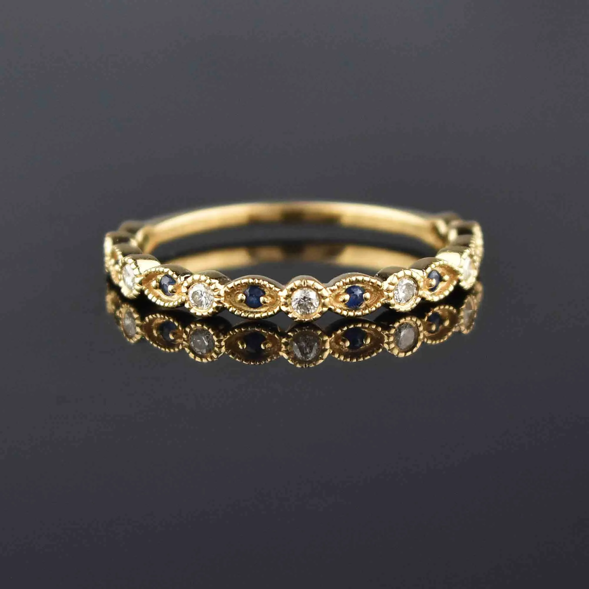 Fine 14K Gold Scalloped Diamond Sapphire Ring, 3/4 Eternity